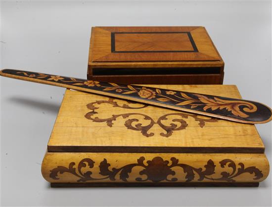 An inlaid treen page turner and similar box and another